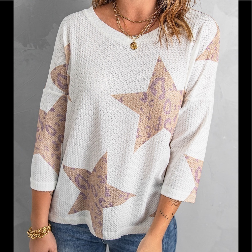 𝅺waffle Weave Top Stars 3/4 sleeve